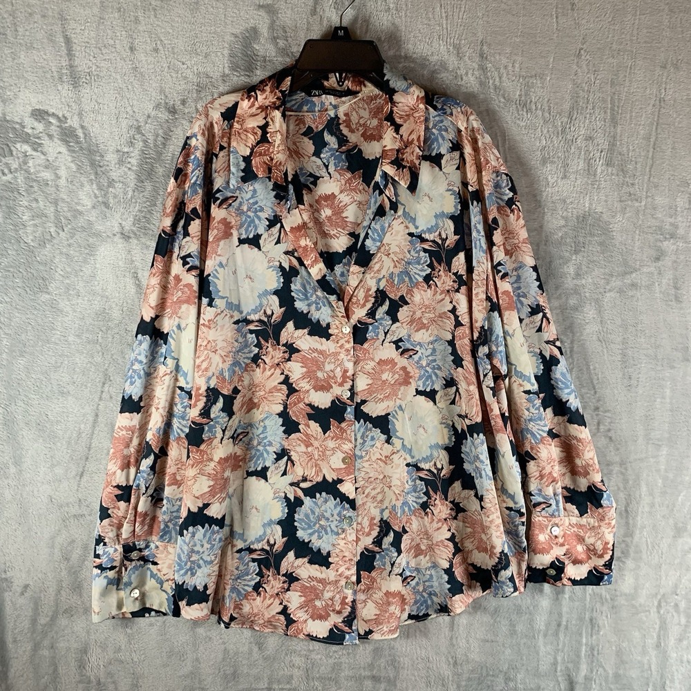 Zara Womens Button Up Top Floral Blouse Long Balloon Sleeve Pink Blue Artsy XXL